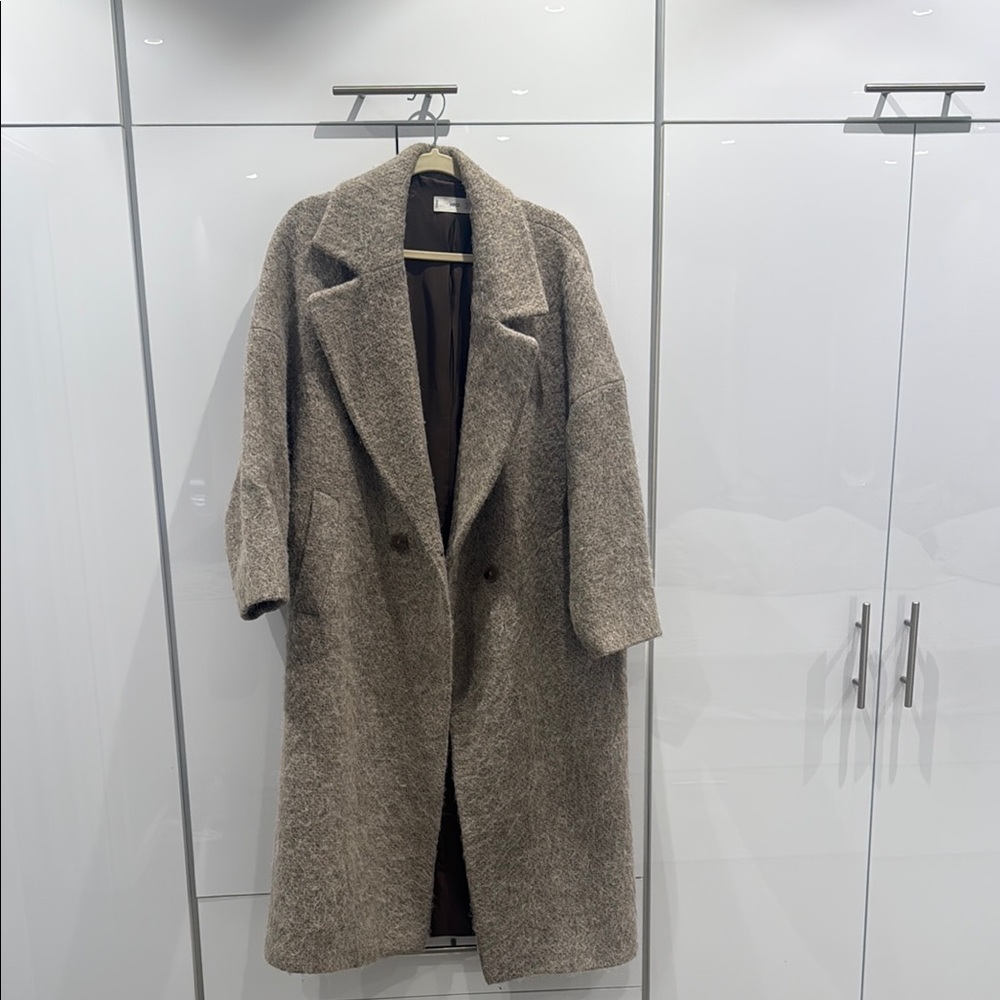 Mango Oversized Taupe-Gray Wool Blend Trench Coat